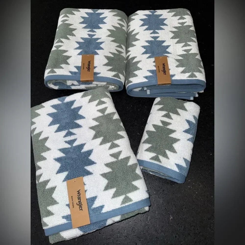 NEW WRANGLER SOUTHWEST STAR AZTEC BATH & HAND TOWEL SET 3 BATH 1 HAND GREEN BLUE